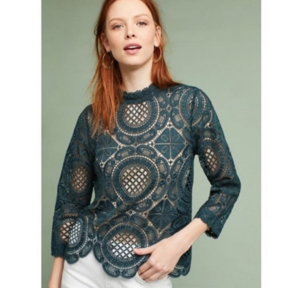 Anthropologie James Coviello Green Lace Medallion Button Back Top Size XS